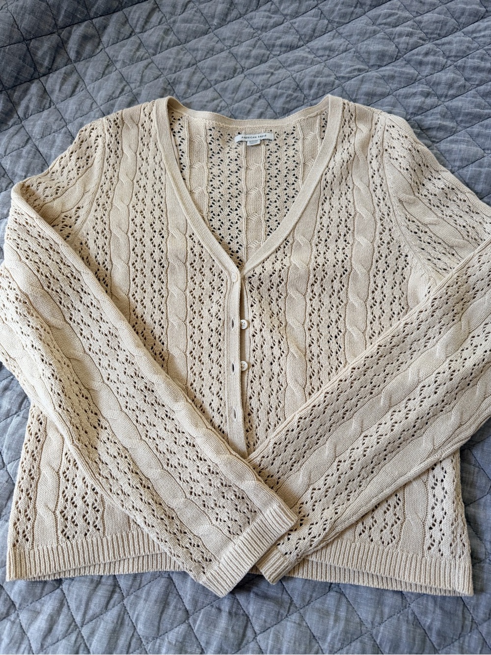 American Eagle Outfitters Cream Openwork V-Neck Cardigan